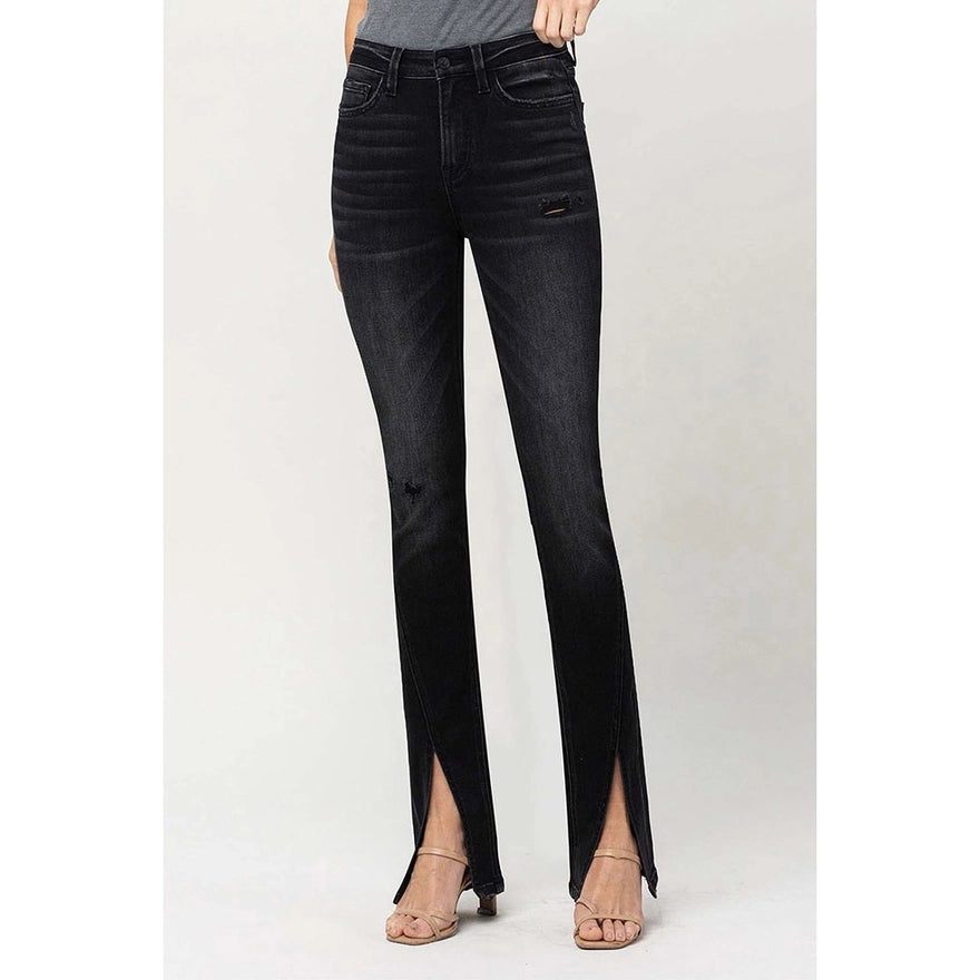 Reville High Rise Slanted Slit Slim Bootcut Black Jeans