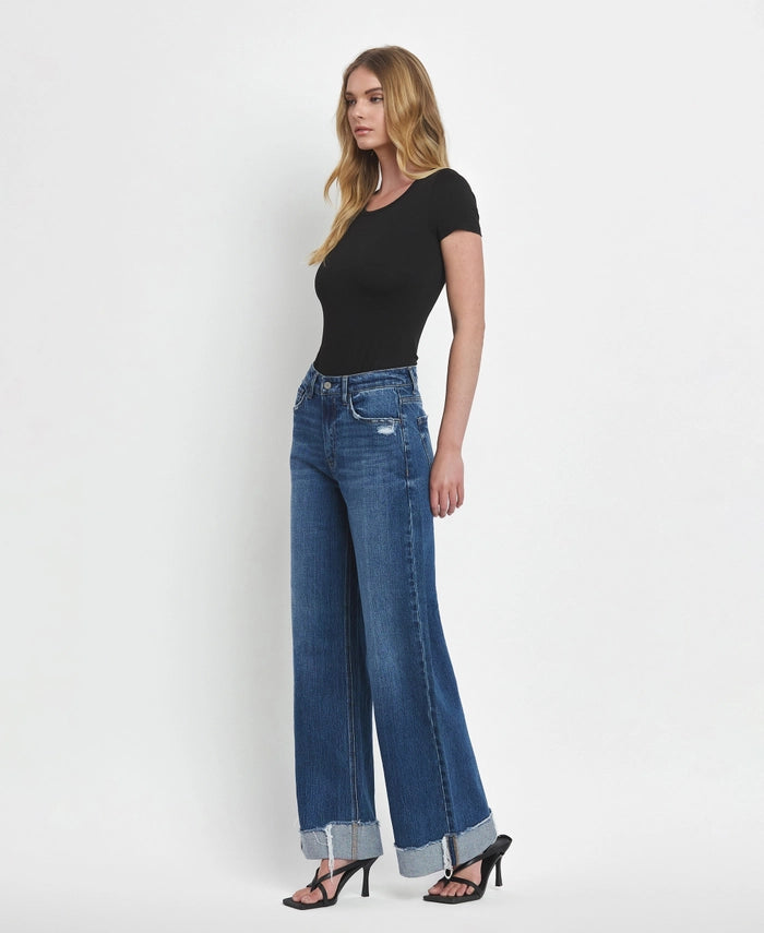 Steel Horse Super High Rise Baggy Wide Leg Jeans with Frayed Cuffs