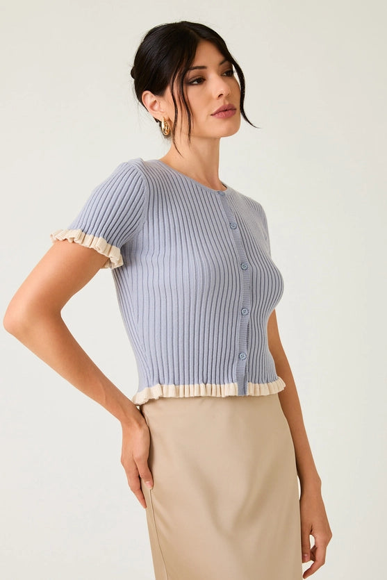 Maddyx Button Down Ruffle Ribbed Knit Top