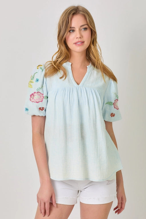 Maya Embroidered Puff Sleeve Washed Cotton Gauze Top