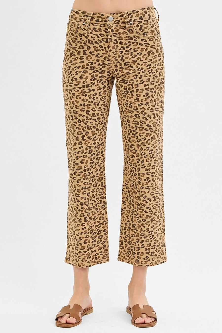 Leopard Mid Rise Ankle Slim Straight Animal Print Pants