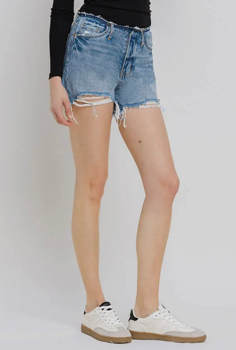 Vervet High Rise Bandless Boyfriend Fray Hem Denim Shorts