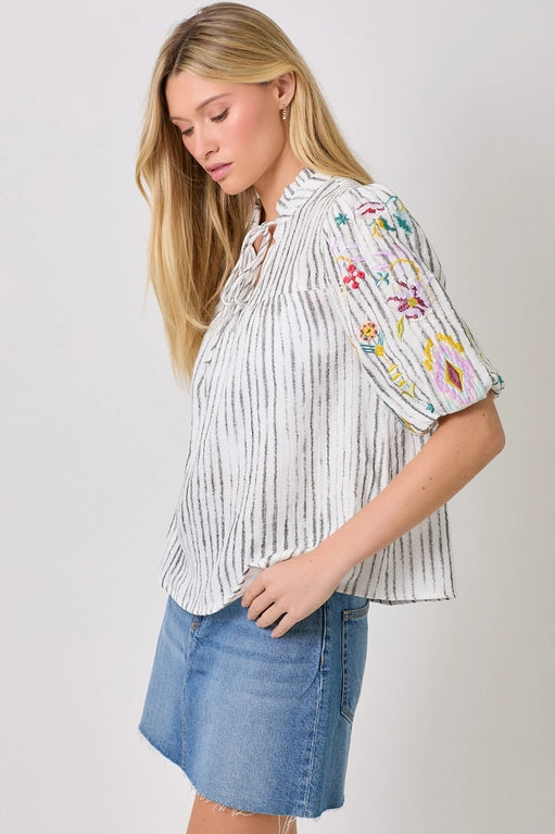 Sedona Embroidered Puff Sleeve Washed Cotton Gauze Top