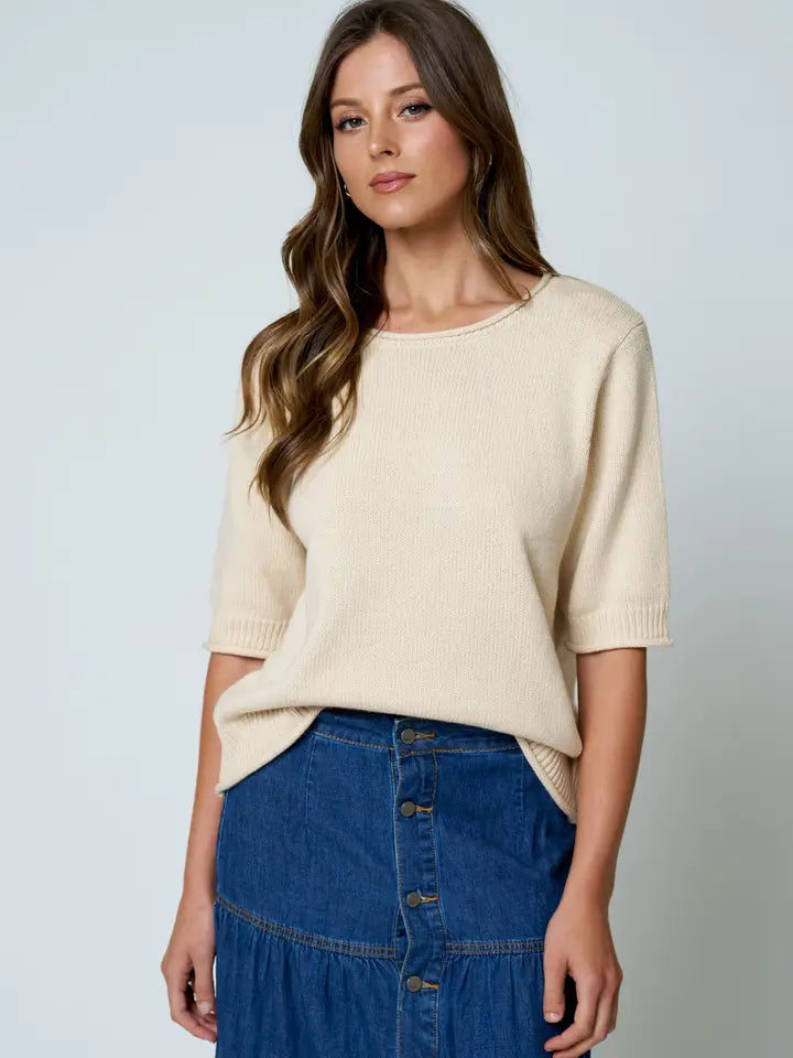 Cole Raw Edge Half Sleeve Sweater Knit Top