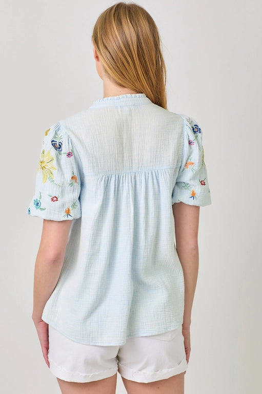 Maya Embroidered Puff Sleeve Washed Cotton Gauze Top