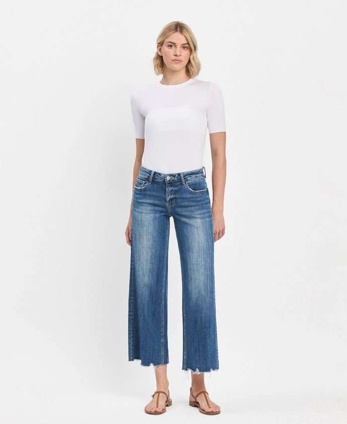 Bad Romance Mid Rise Ankle Wide Leg Distressed Hem Jeans
