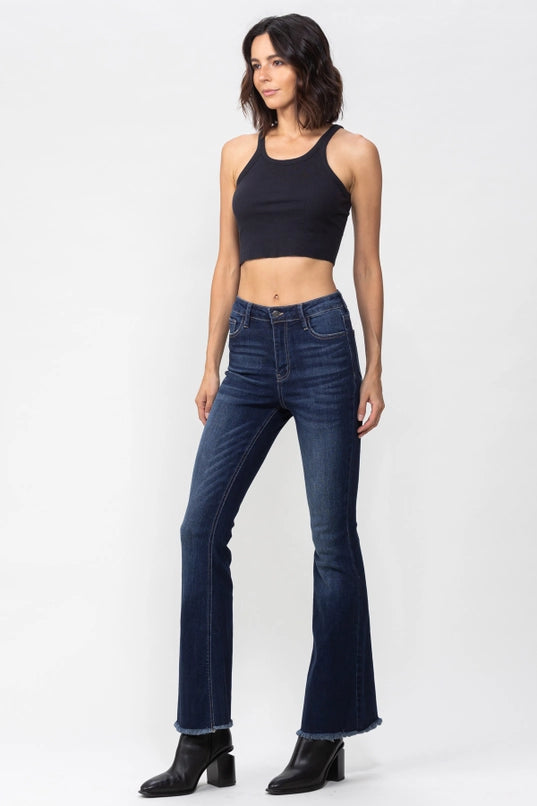 Alanis High Rise Dark Indigo Flare Fray Hem Denim Jeans