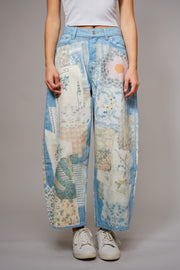 Granny's Quilt Patch Print Barrel Leg Jeans