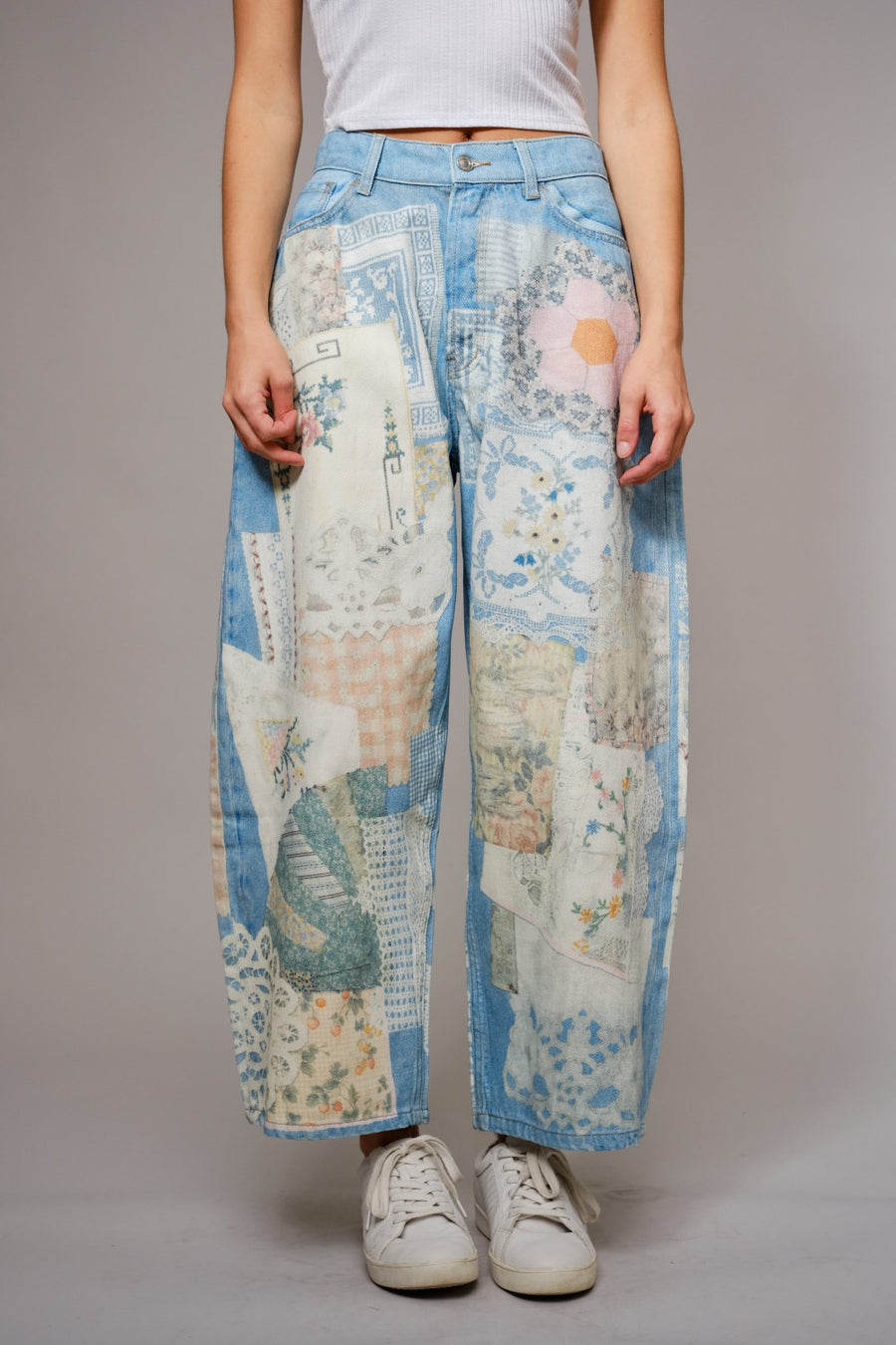 Granny's Quilt Patch Print Barrel Leg Jeans