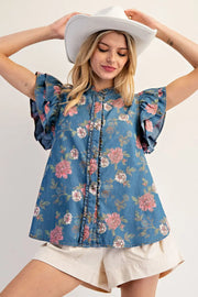 Norma Jean Flutter Sleeve Floral Denim Button Front Top