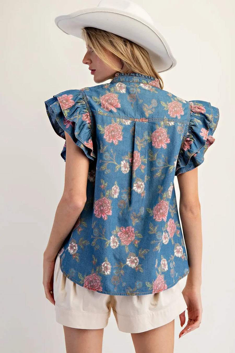 Norma Jean Flutter Sleeve Floral Denim Button Front Top