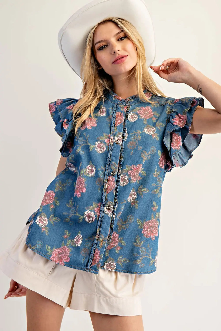 Norma Jean Flutter Sleeve Floral Denim Button Front Top