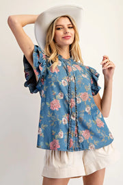 Norma Jean Flutter Sleeve Floral Denim Button Front Top