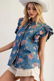 Norma Jean Flutter Sleeve Floral Denim Button Front Top