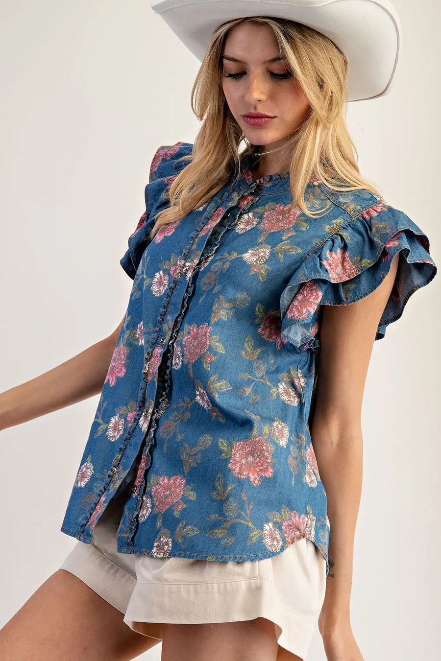 Norma Jean Flutter Sleeve Floral Denim Button Front Top
