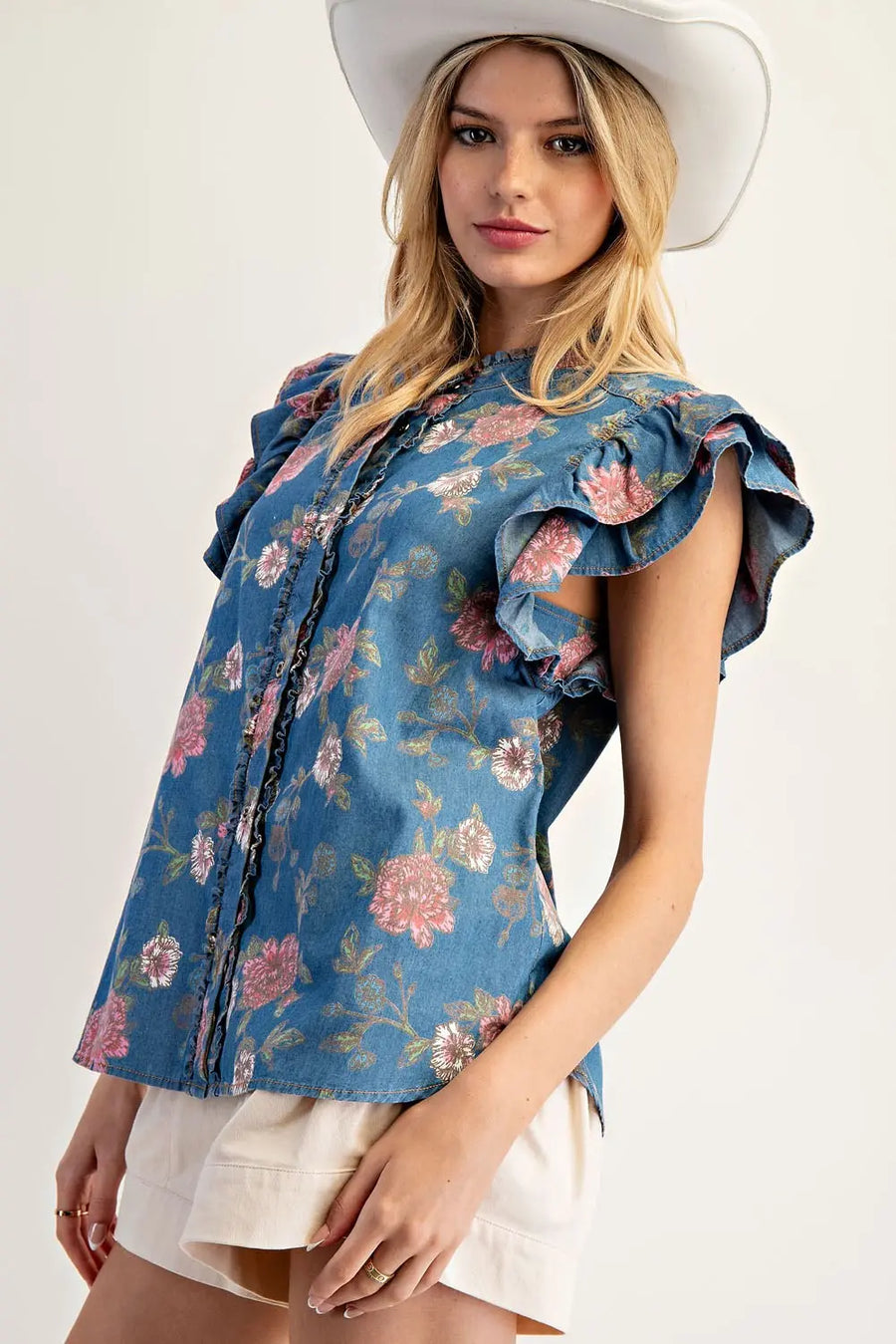Norma Jean Flutter Sleeve Floral Denim Button Front Top