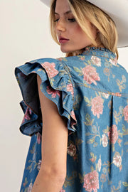 Norma Jean Flutter Sleeve Floral Denim Button Front Top