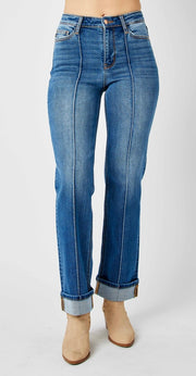 Felon High Waist Front Seam Detail Cuffed Straight Denim Jeans