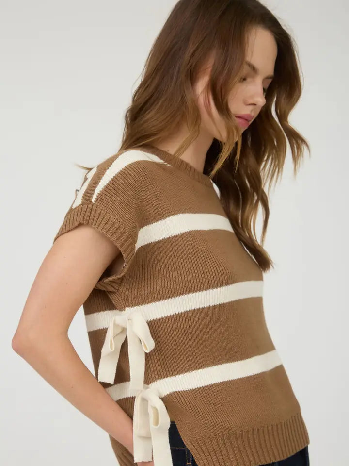 Camelot Side Tie Stripe Short Sleeve Sweater