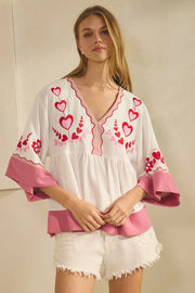 Be Mine Peasant-Style Hearts Embroidered Top