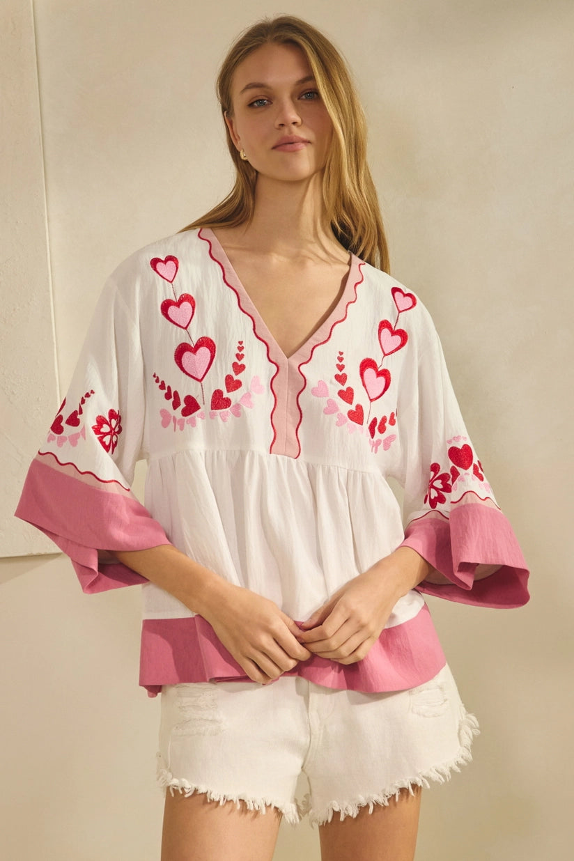 Be Mine Peasant-Style Hearts Embroidered Top