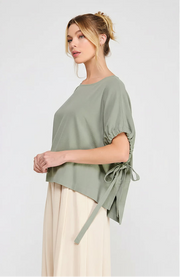 Laurna Linen Elastic & Side Tie Drop Sleeve Hi-Low Top