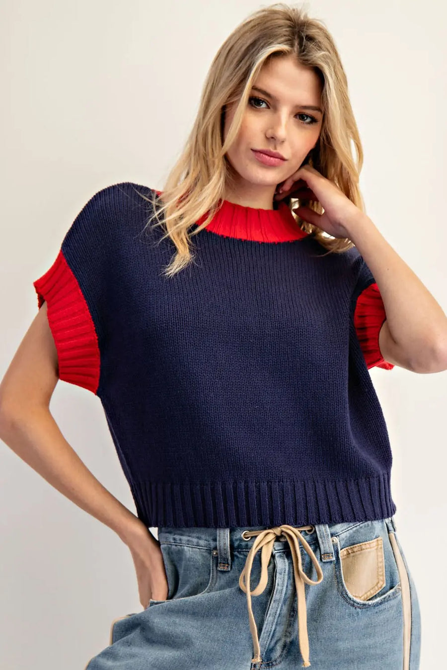Sailor Contrast Ribbed Mock Neck Cropped Sweater