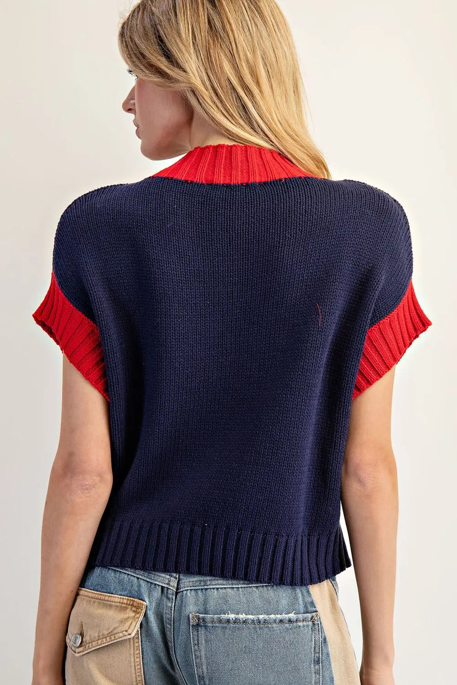 Sailor Contrast Ribbed Mock Neck Cropped Sweater