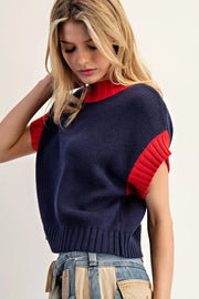 Sailor Contrast Ribbed Mock Neck Cropped Sweater
