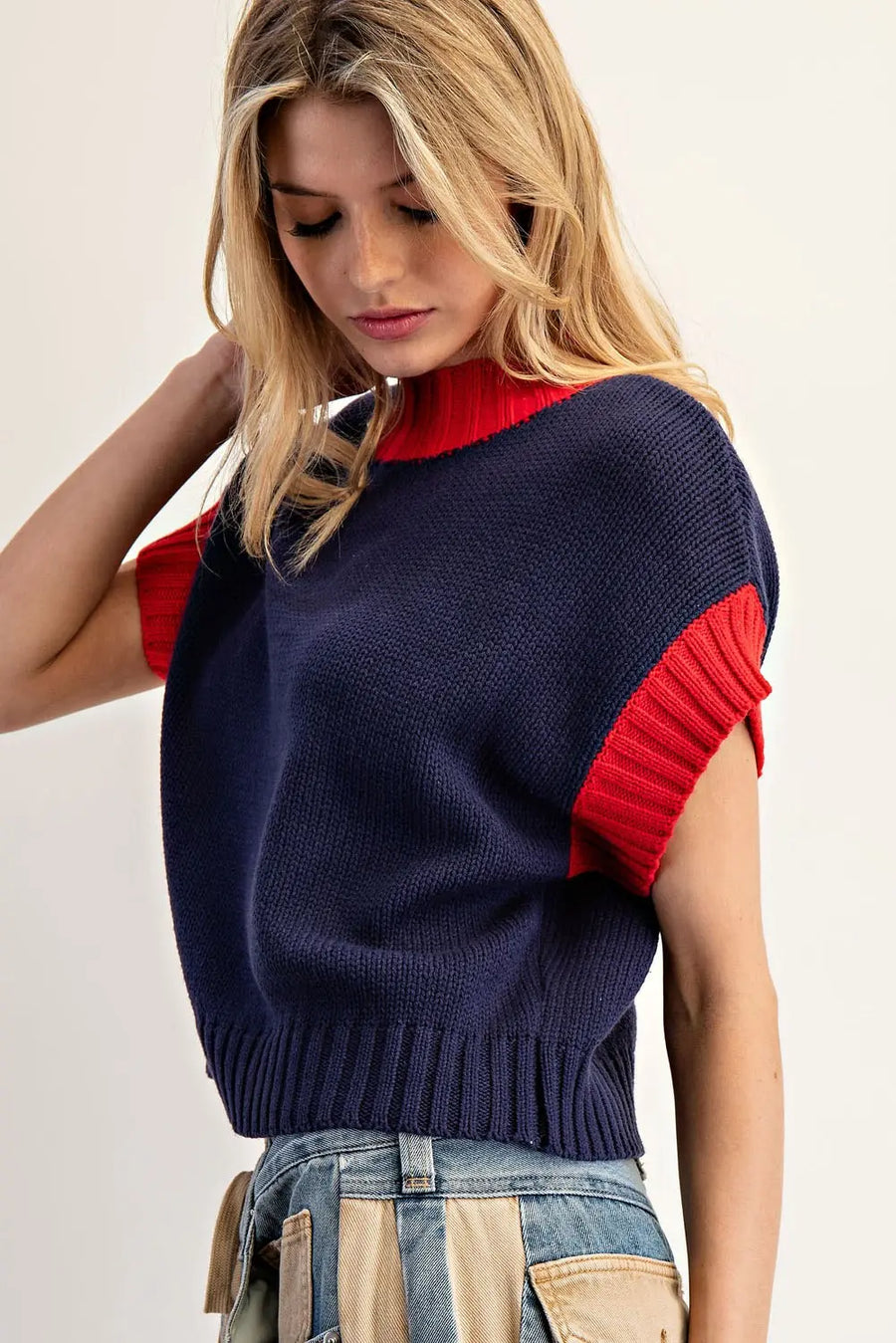 Sailor Contrast Ribbed Mock Neck Cropped Sweater