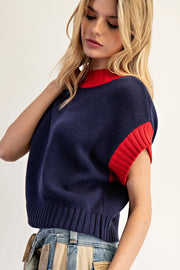 Sailor Contrast Ribbed Mock Neck Cropped Sweater