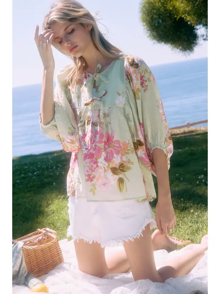 Dayna Tie Front Floral Printed Batwing Sleeve Peplum Blouse Top