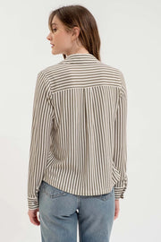 Toni Stripe Collared Long Sleeve Button Down Knit Shirt Blouse