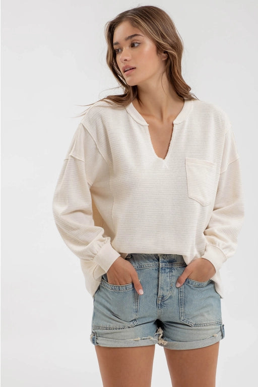 Rhianna Split Neck Solid "Inside Out" Knit Top