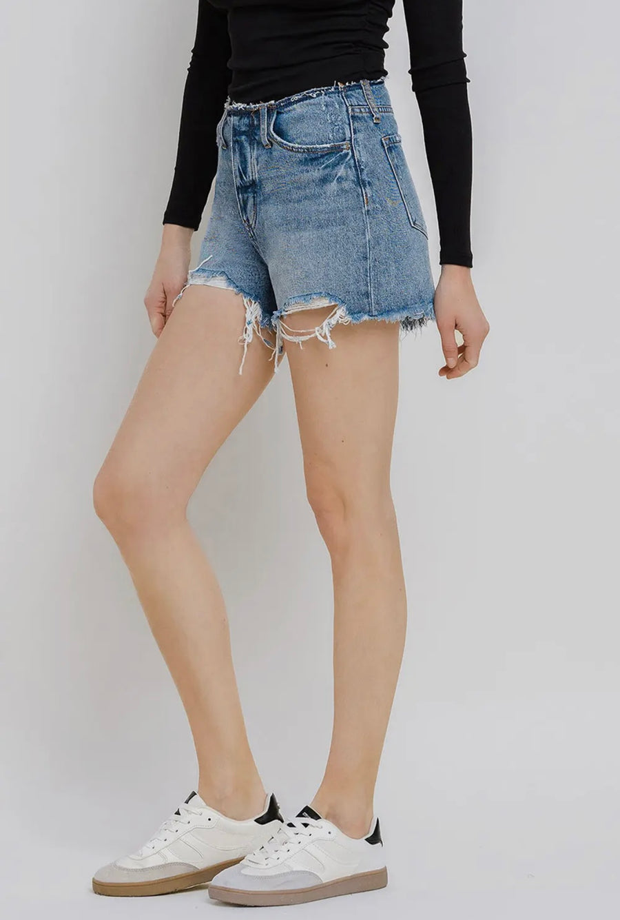 Vervet High Rise Bandless Boyfriend Fray Hem Denim Shorts