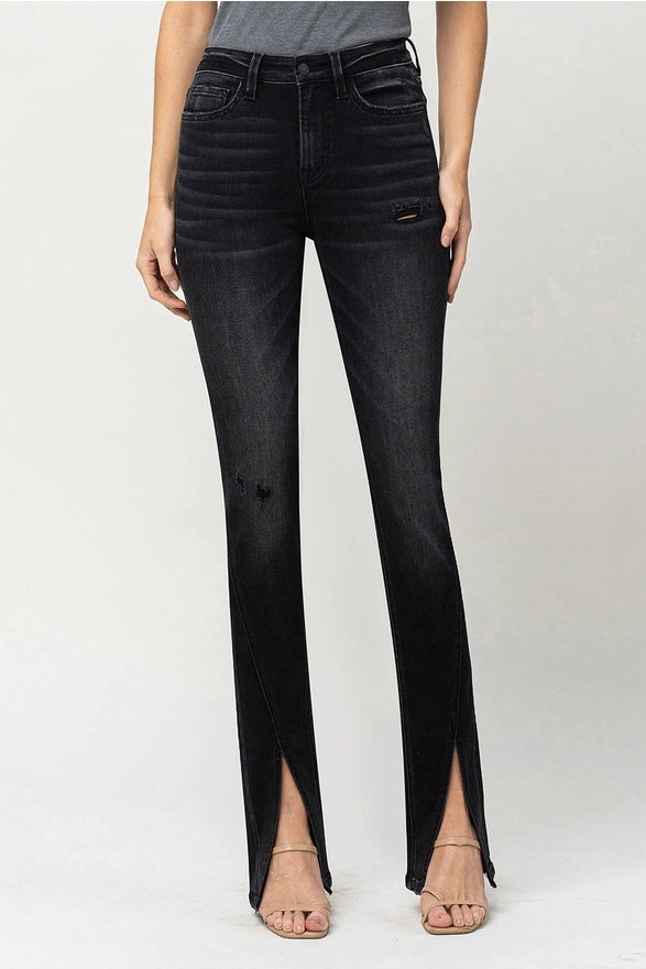 Reville High Rise Slanted Slit Slim Bootcut Black Jeans