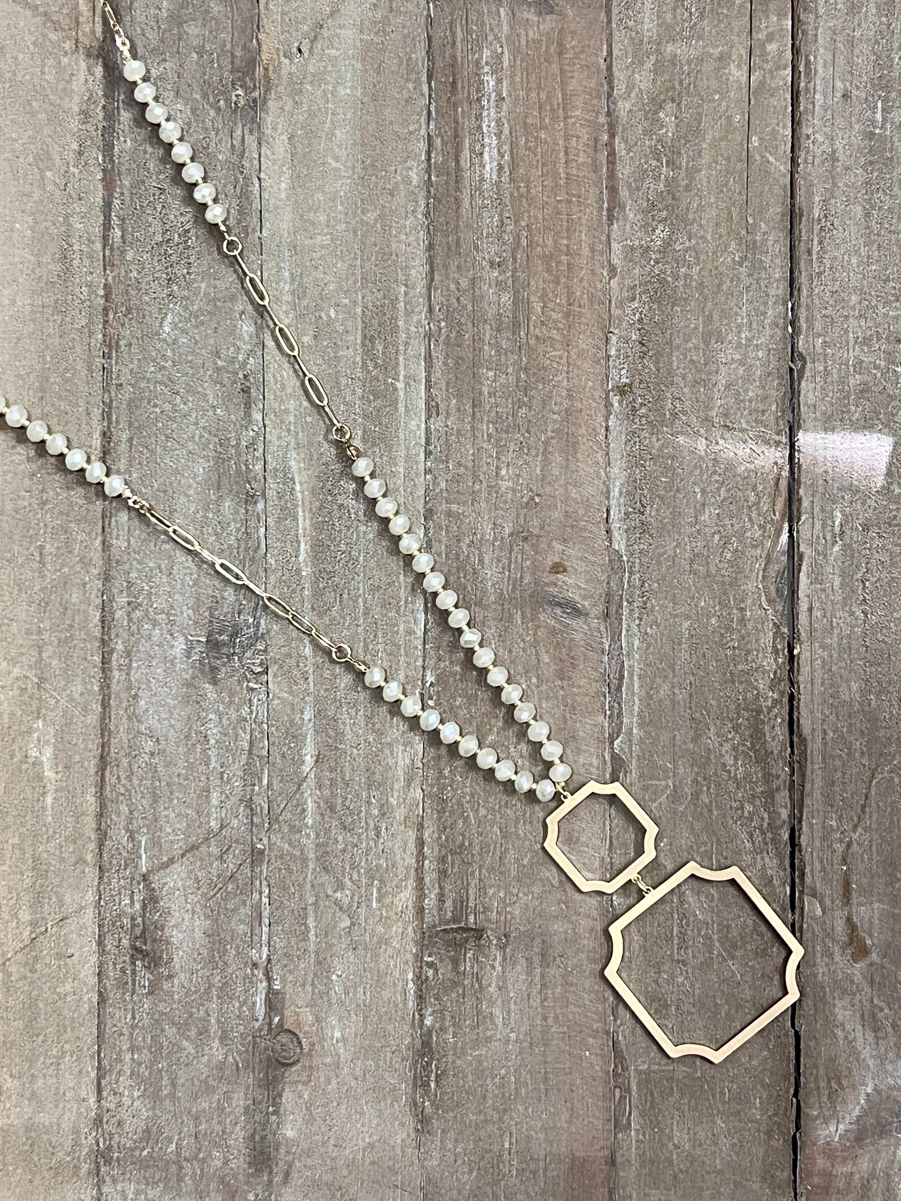 Long Beaded Geometric Pendant Necklace