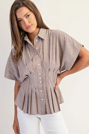 Amye Striped Button Down Pleated Short Sleeve Blouse