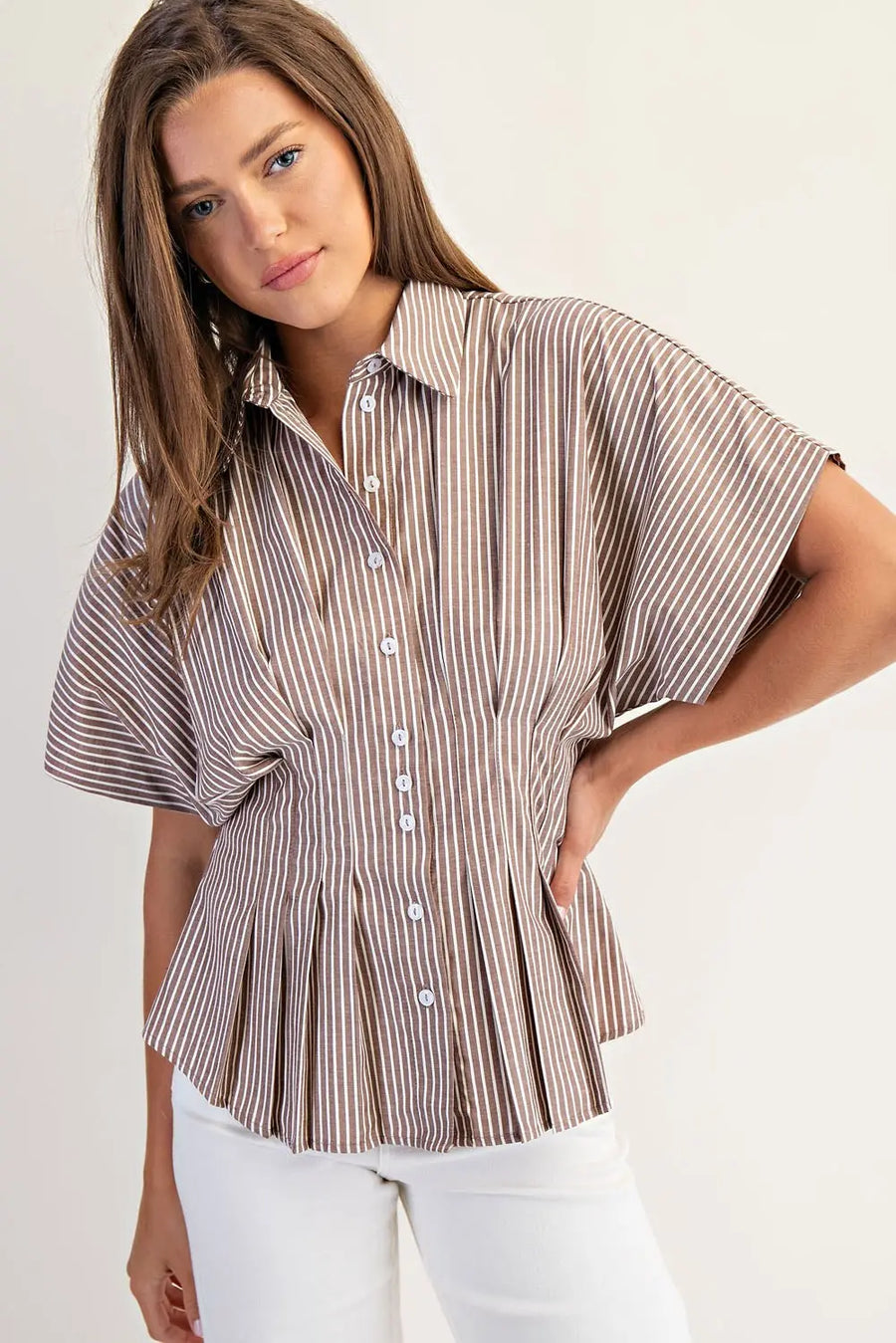 Amye Striped Button Down Pleated Short Sleeve Blouse