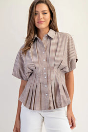 Amye Striped Button Down Pleated Short Sleeve Blouse
