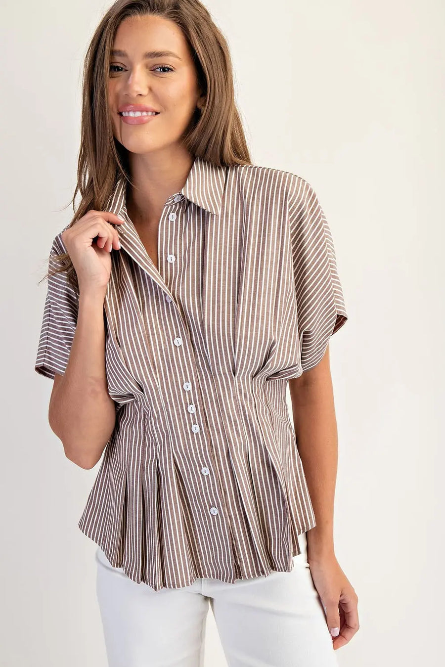 Amye Striped Button Down Pleated Short Sleeve Blouse