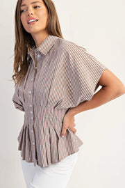Amye Striped Button Down Pleated Short Sleeve Blouse