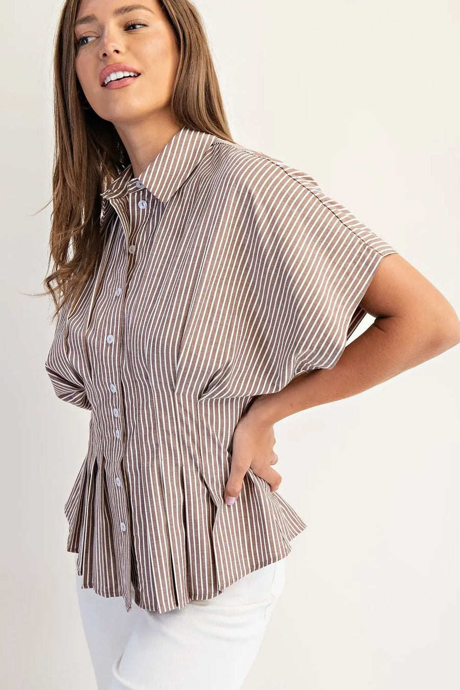 Amye Striped Button Down Pleated Short Sleeve Blouse