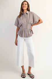 Amye Striped Button Down Pleated Short Sleeve Blouse