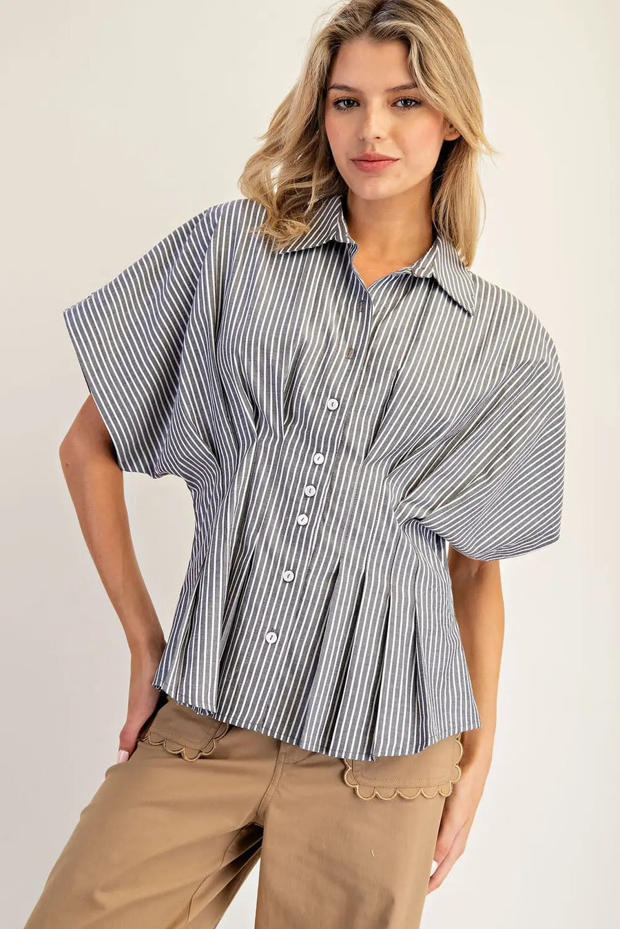Amye Striped Button Down Pleated Short Sleeve Blouse