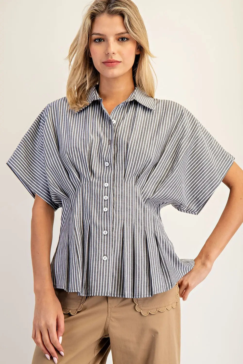 Amye Striped Button Down Pleated Short Sleeve Blouse