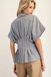 Amye Striped Button Down Pleated Short Sleeve Blouse