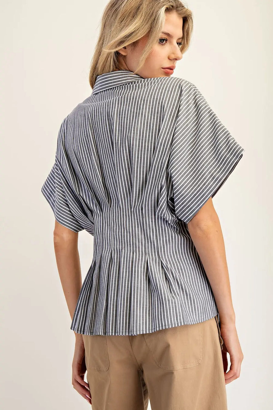 Amye Striped Button Down Pleated Short Sleeve Blouse