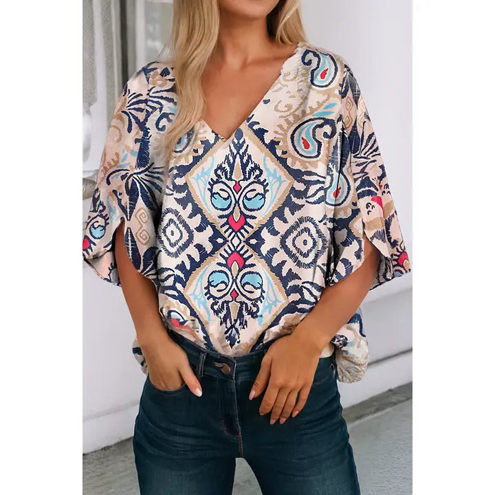 Catori Tribal Print Half Sleeve V-Neck Tunic Top