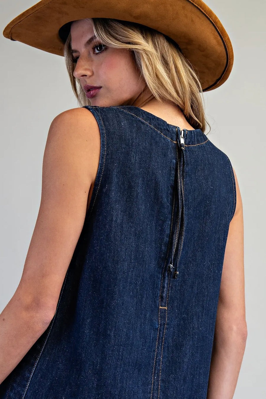 Trigger Sleeveless Denim Shift Mini Dress